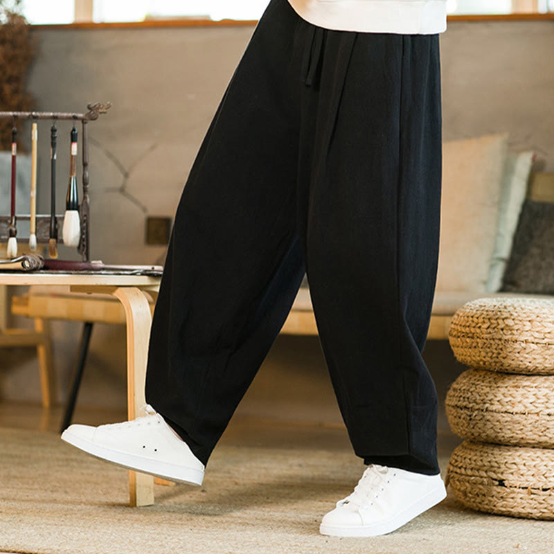 Buddha Stones Jednokolorowe Bawełniane Lniane Ściągane Męskie Spodnie Harem Z Kieszeniami - image 14