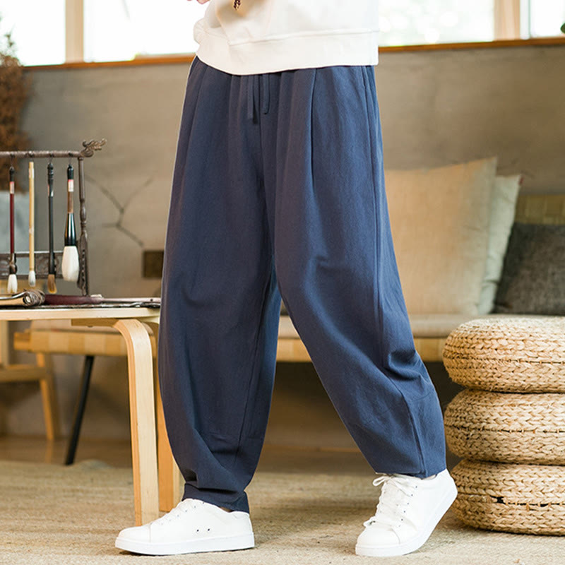 Buddha Stones Jednokolorowe Bawełniane Lniane Ściągane Męskie Spodnie Harem Z Kieszeniami - image 3