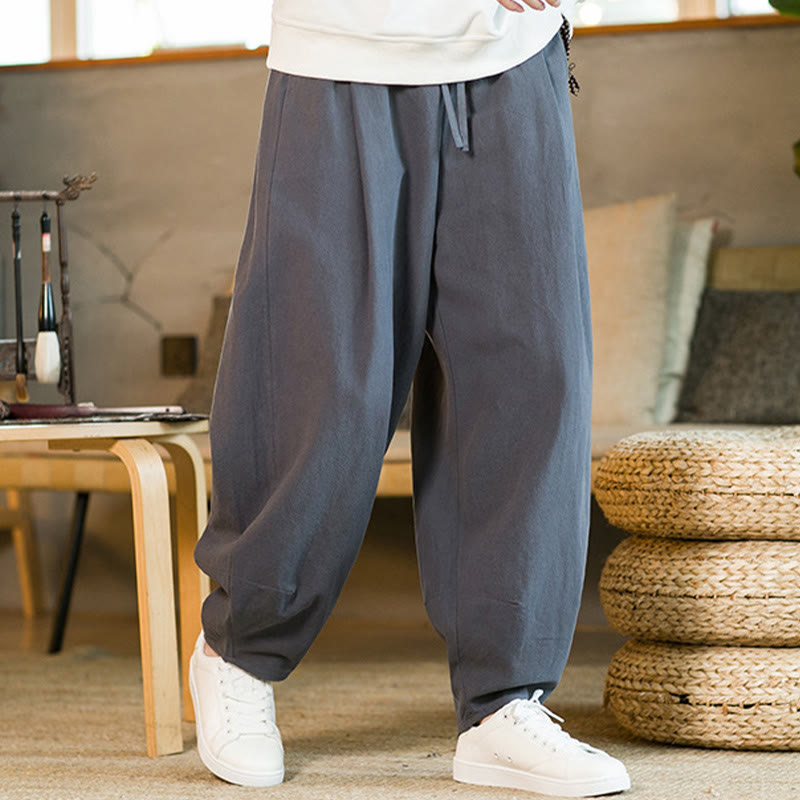 Buddha Stones Jednokolorowe Bawełniane Lniane Ściągane Męskie Spodnie Harem Z Kieszeniami - image 32