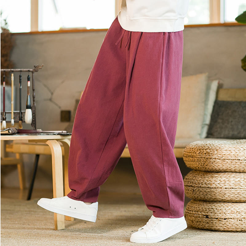 Buddha Stones Jednokolorowe Bawełniane Lniane Ściągane Męskie Spodnie Harem Z Kieszeniami - image 8