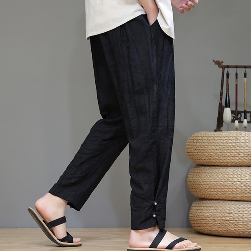 Buddha Stones Bambusowe Spodnie Męskie Z Kieszeniami Zapinane Na Kostkach Żabką - image 16