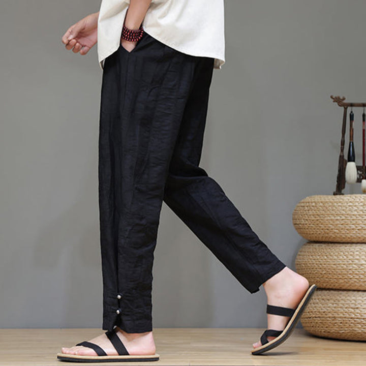 Buddha Stones Bambusowe Spodnie Męskie Z Kieszeniami Zapinane Na Kostkach Żabką - image 12