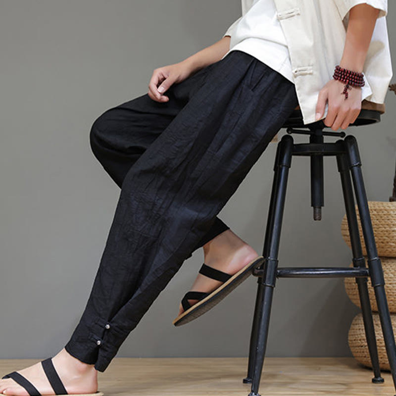 Buddha Stones Bambusowe Spodnie Męskie Z Kieszeniami Zapinane Na Kostkach Żabką - image 13