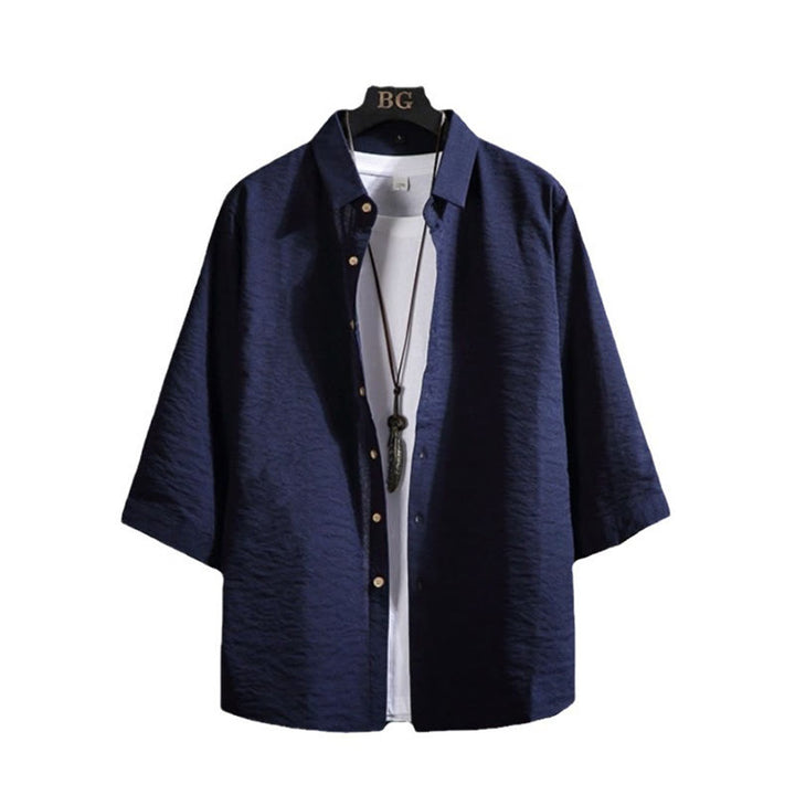 Koszula męska Buddha Stones Casual Solid Color z guzikami z przodu i rękawami trzy czwarte - image 18