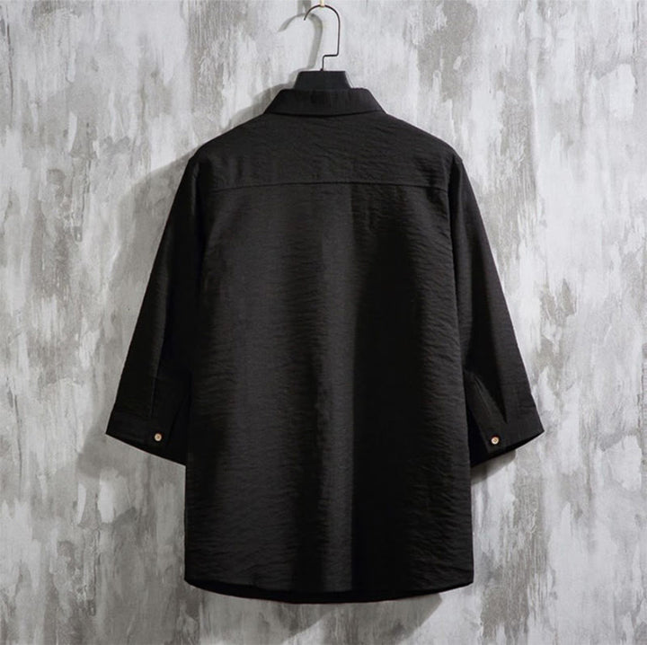 Koszula męska Buddha Stones Casual Solid Color z guzikami z przodu i rękawami trzy czwarte - image 13