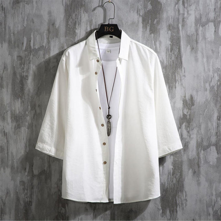 Koszula męska Buddha Stones Casual Solid Color z guzikami z przodu i rękawami trzy czwarte - Biały - US/UK/AU50, EU60 (7XL) - image 0