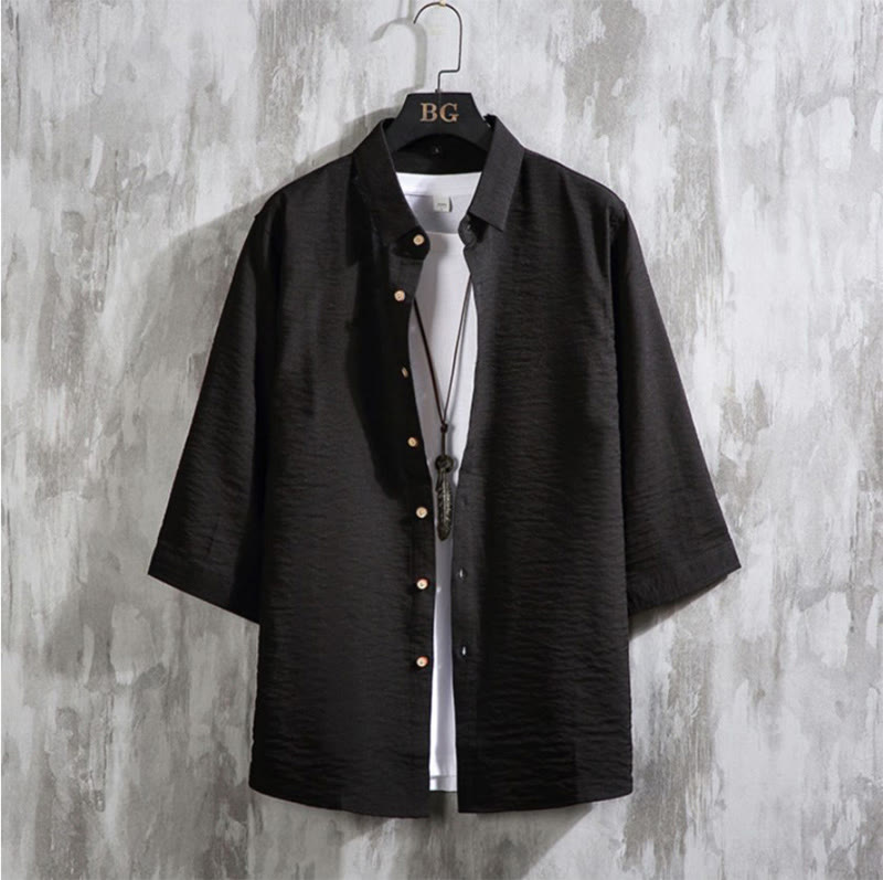 Koszula męska Buddha Stones Casual Solid Color z guzikami z przodu i rękawami trzy czwarte - Czarny - US/UK/AU50, EU60 (7XL) - image 12