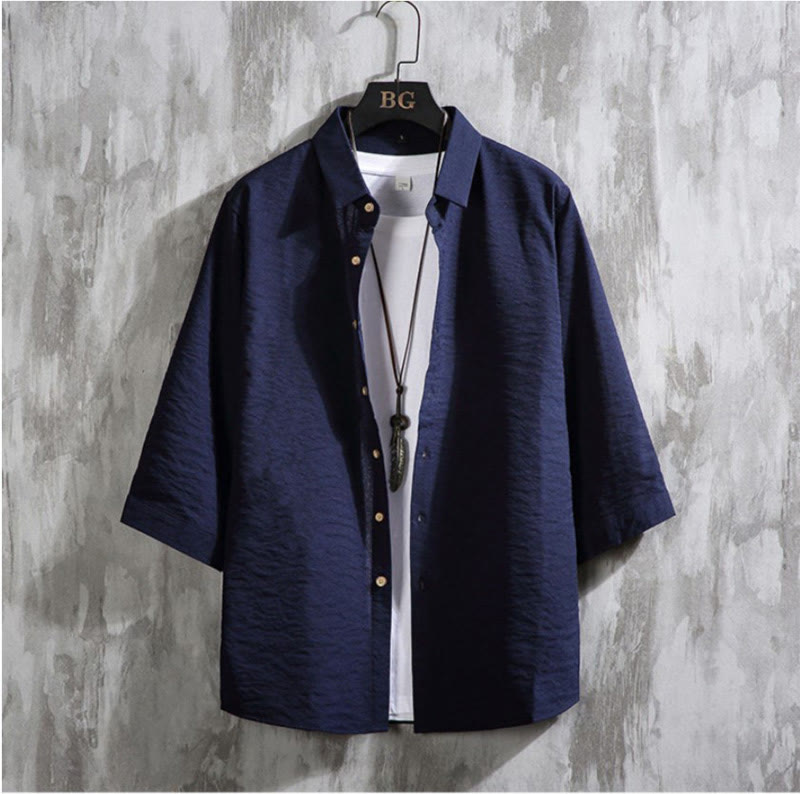 Koszula męska Buddha Stones Casual Solid Color z guzikami z przodu i rękawami trzy czwarte - MidnightBlue - US/UK/AU50, EU60 (7XL) - image 16