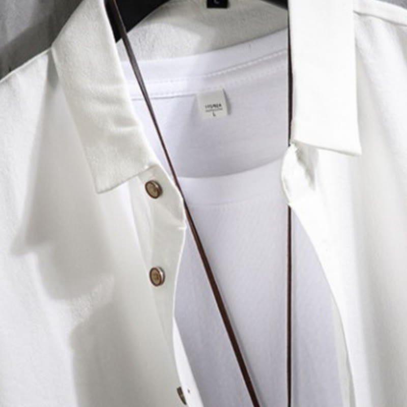 Koszula męska Buddha Stones Casual Solid Color z guzikami z przodu i rękawami trzy czwarte - image 2