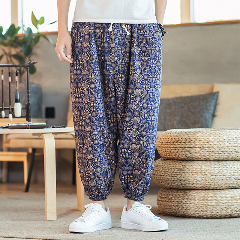 Buddha Stones Złoty Wzór Mandali Bawełna Lniane Ściągacze Męskie Spodnie Harem Z Kieszeniami - image 5