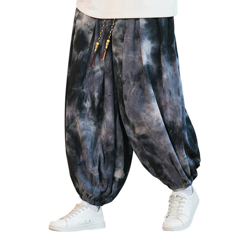Spodnie haremowe męskie z kieszeniami i nadrukiem w kratkę Buddha Stones Ink Tie-dye Braided Drawstring Corduroy Cotton