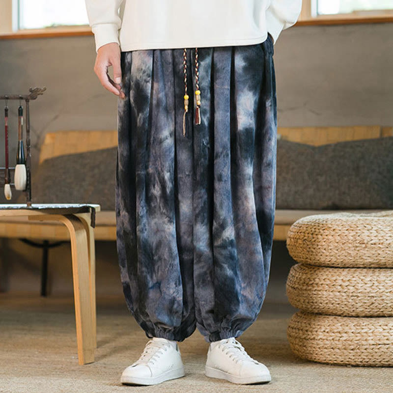 Spodnie haremowe męskie z kieszeniami i nadrukiem w kratkę Buddha Stones Ink Tie-dye Braided Drawstring Corduroy Cotton