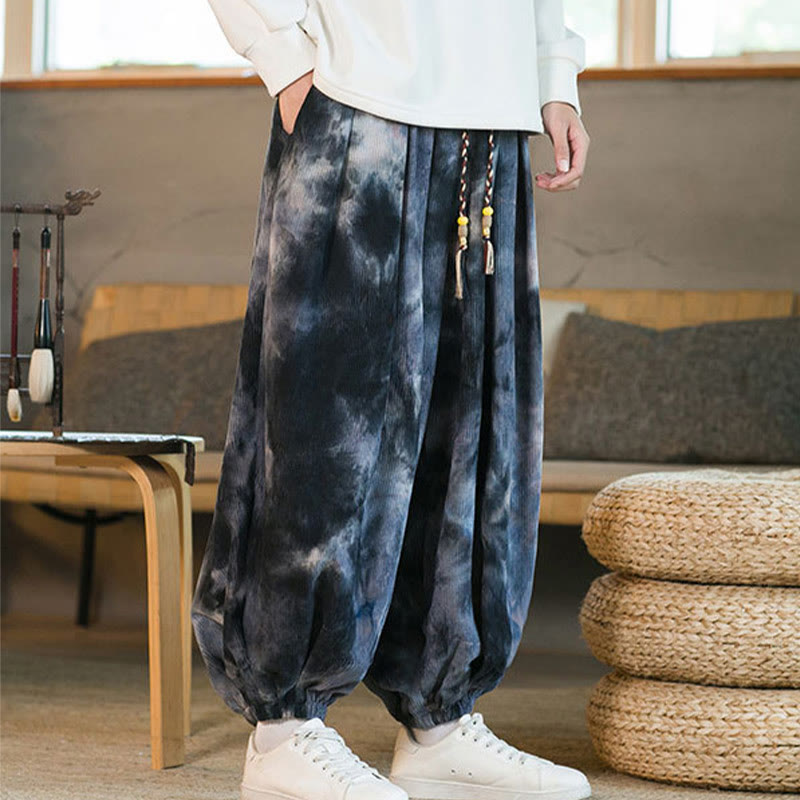 Spodnie haremowe męskie z kieszeniami i nadrukiem w kratkę Buddha Stones Ink Tie-dye Braided Drawstring Corduroy Cotton