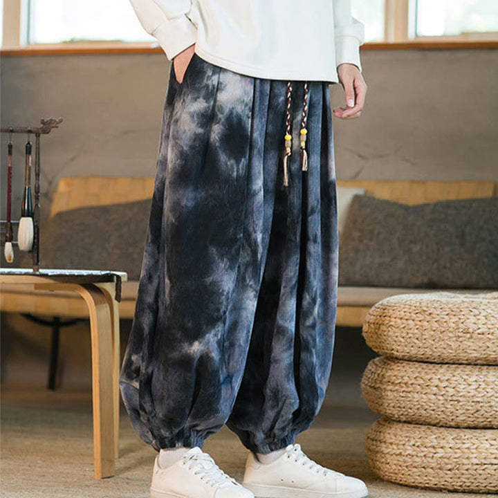 Spodnie haremowe męskie z kieszeniami i nadrukiem w kratkę Buddha Stones Ink Tie-dye Braided Drawstring Corduroy Cotton
