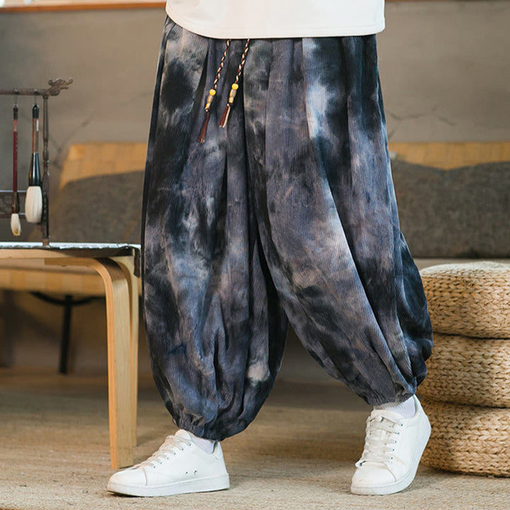 Spodnie haremowe męskie z kieszeniami i nadrukiem w kratkę Buddha Stones Ink Tie-dye Braided Drawstring Corduroy Cotton