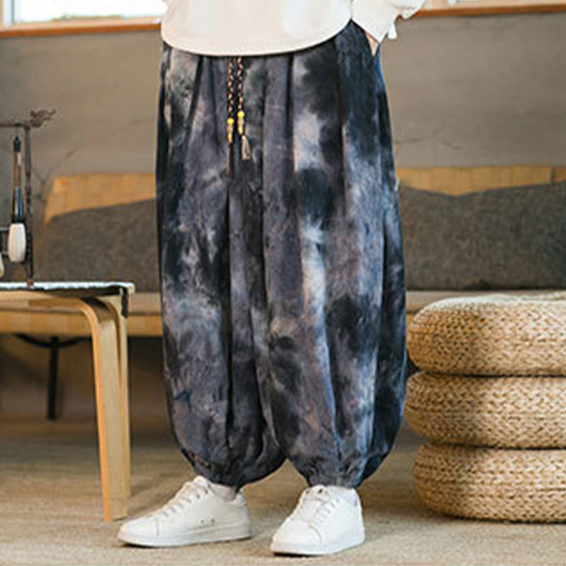 Spodnie haremowe męskie z kieszeniami i nadrukiem w kratkę Buddha Stones Ink Tie-dye Braided Drawstring Corduroy Cotton