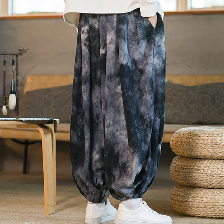 Spodnie haremowe męskie z kieszeniami i nadrukiem w kratkę Buddha Stones Ink Tie-dye Braided Drawstring Corduroy Cotton
