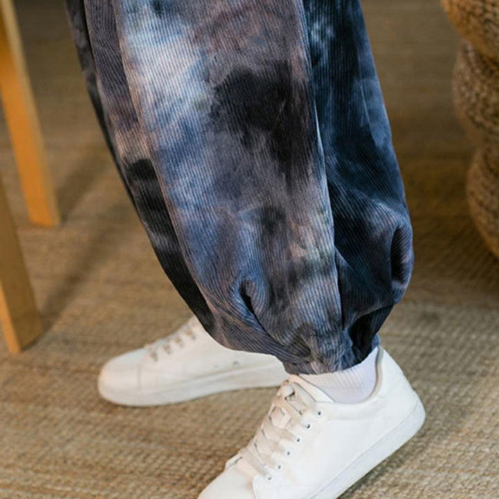 Spodnie haremowe męskie z kieszeniami i nadrukiem w kratkę Buddha Stones Ink Tie-dye Braided Drawstring Corduroy Cotton