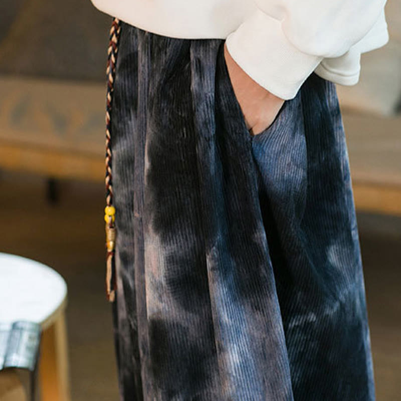 Spodnie haremowe męskie z kieszeniami i nadrukiem w kratkę Buddha Stones Ink Tie-dye Braided Drawstring Corduroy Cotton
