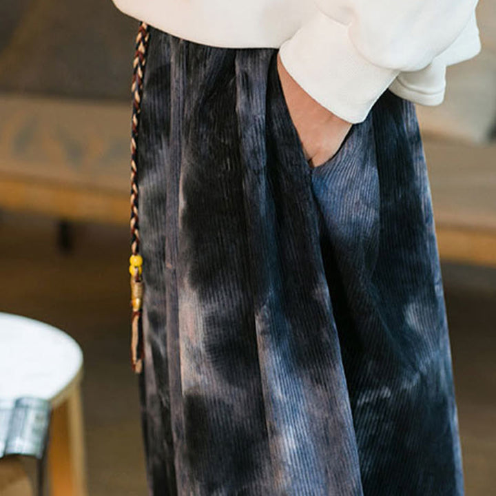 Spodnie haremowe męskie z kieszeniami i nadrukiem w kratkę Buddha Stones Ink Tie-dye Braided Drawstring Corduroy Cotton