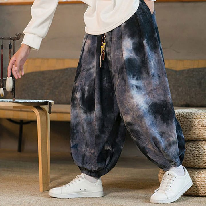 Spodnie haremowe męskie z kieszeniami i nadrukiem w kratkę Buddha Stones Ink Tie-dye Braided Drawstring Corduroy Cotton
