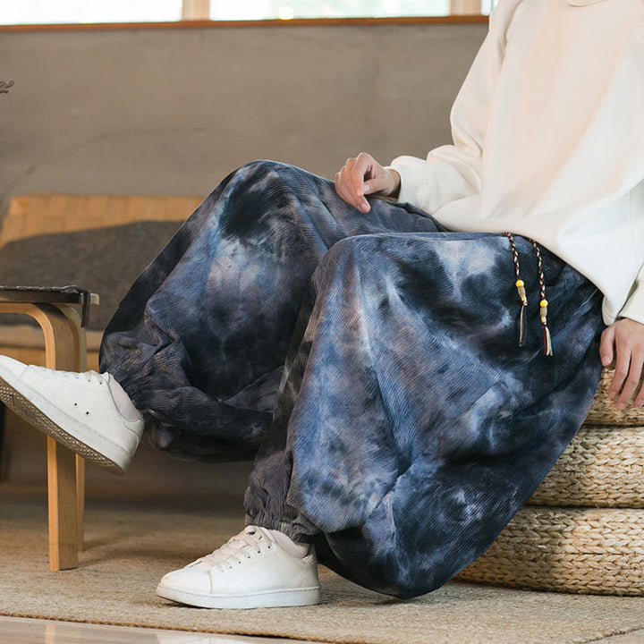 Spodnie haremowe męskie z kieszeniami i nadrukiem w kratkę Buddha Stones Ink Tie-dye Braided Drawstring Corduroy Cotton