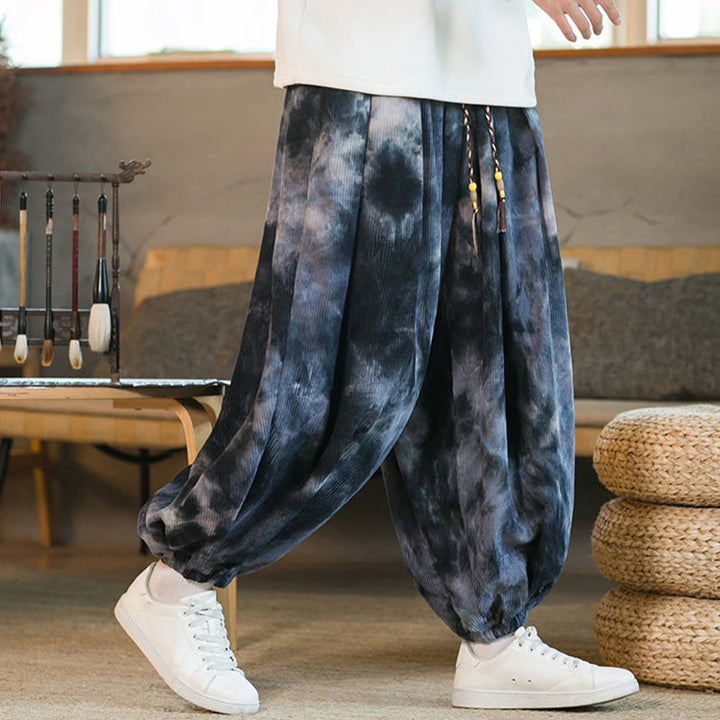 Spodnie haremowe męskie z kieszeniami i nadrukiem w kratkę Buddha Stones Ink Tie-dye Braided Drawstring Corduroy Cotton