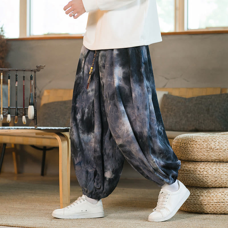 Spodnie haremowe męskie z kieszeniami i nadrukiem w kratkę Buddha Stones Ink Tie-dye Braided Drawstring Corduroy Cotton
