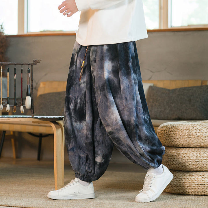 Spodnie haremowe męskie z kieszeniami i nadrukiem w kratkę Buddha Stones Ink Tie-dye Braided Drawstring Corduroy Cotton