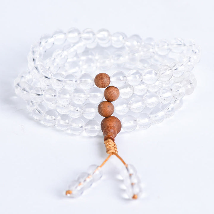 Buddha Stones 108 Koraliki Mala Naturalny Kamień Biały Kryształ Sandałowiec Uzdrawiająca Bransoletka