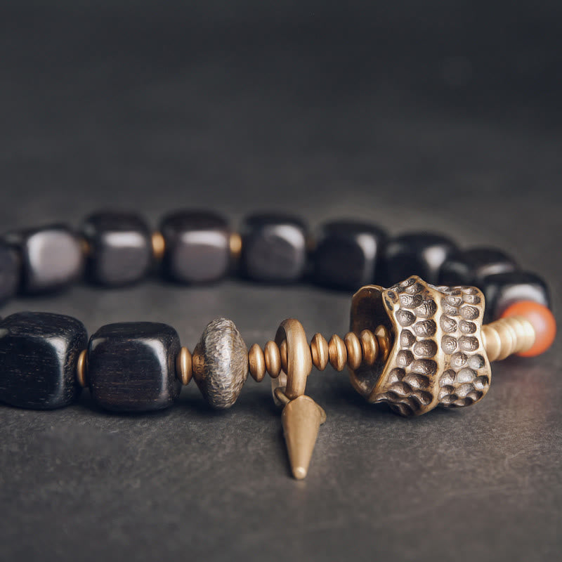 Bransoletka Buddha Stones Ebony Wood Miedź Mosiądz Czerwony Agat Peace