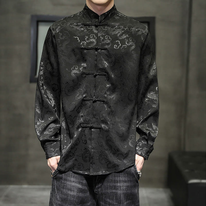 Buddha Stones Casual Dragon Pattern Żaba-guzik Tang Suit Lniana męska kurtka koszula - Czarny - US/UK/AU46， EU56 (5XL) - image 30