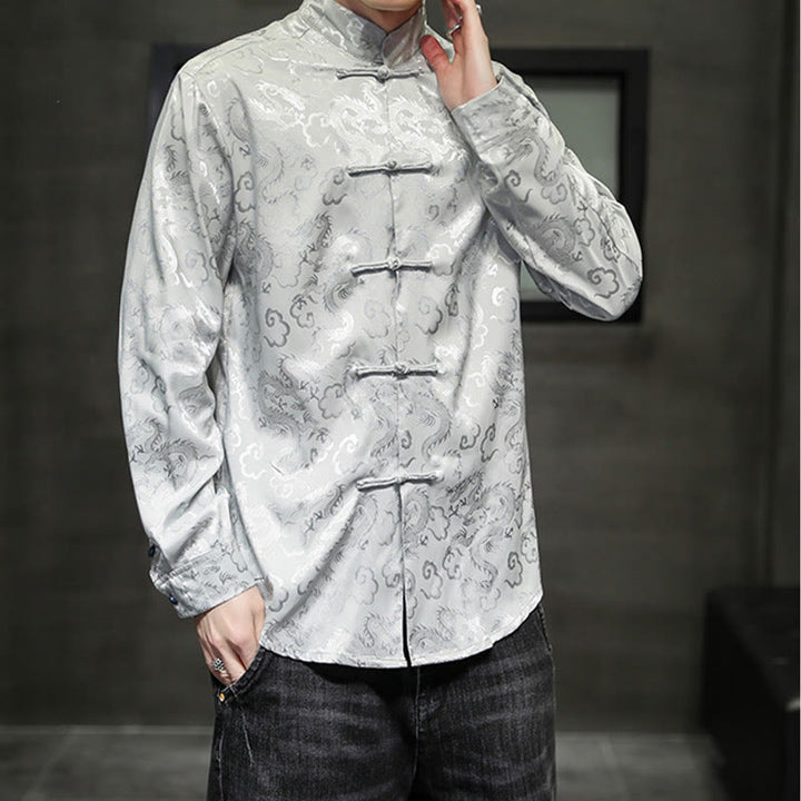Buddha Stones Casual Dragon Pattern Żaba-guzik Tang Suit Lniana męska kurtka koszula - image 26