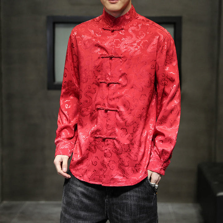 Buddha Stones Casual Dragon Pattern Żaba-guzik Tang Suit Lniana męska kurtka koszula - image 49