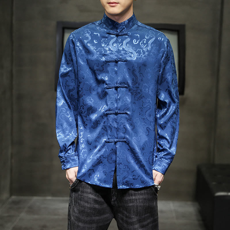 Buddha Stones Casual Dragon Pattern Żaba-guzik Tang Suit Lniana męska kurtka koszula - image 9