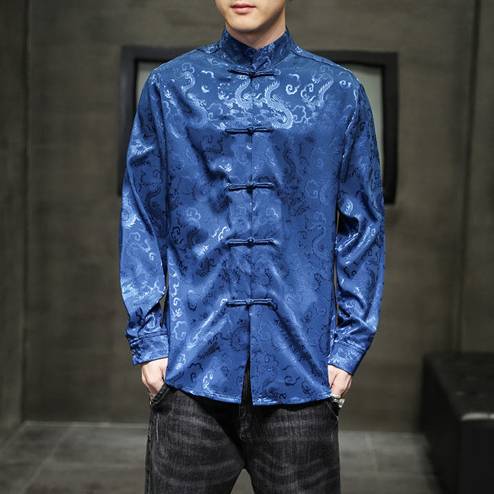 Buddha Stones Casual Dragon Pattern Żaba-guzik Tang Suit Lniana męska kurtka koszula - image 9