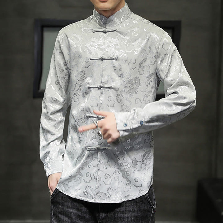 Buddha Stones Casual Dragon Pattern Żaba-guzik Tang Suit Lniana męska kurtka koszula - image 25