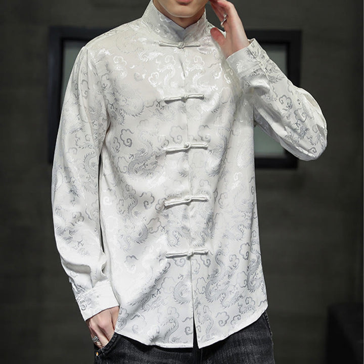 Buddha Stones Casual Dragon Pattern Żaba-guzik Tang Suit Lniana męska kurtka koszula - image 11