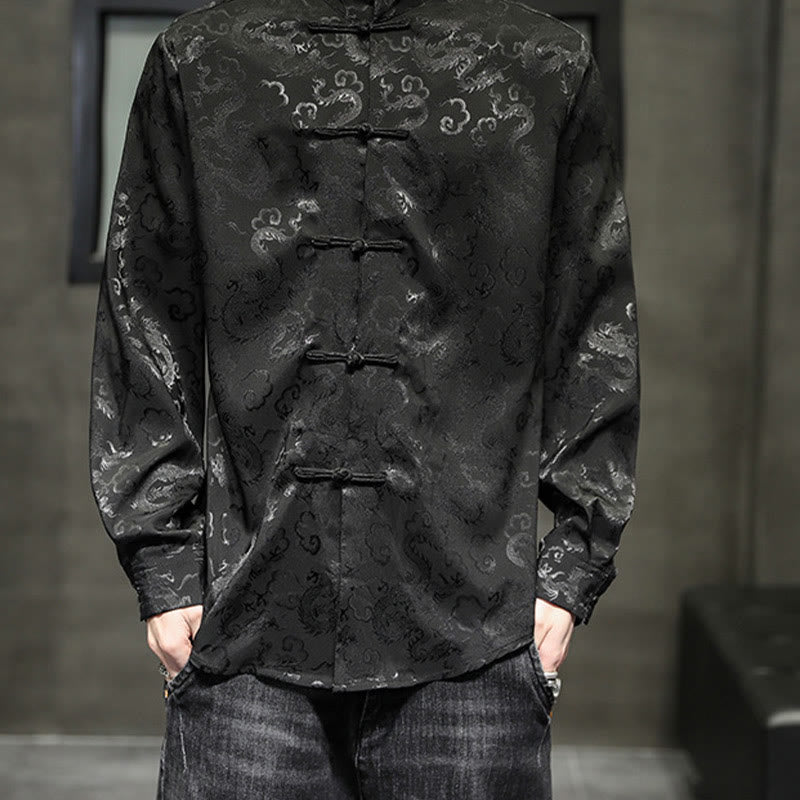 Buddha Stones Casual Dragon Pattern Żaba-guzik Tang Suit Lniana męska kurtka koszula - image 36