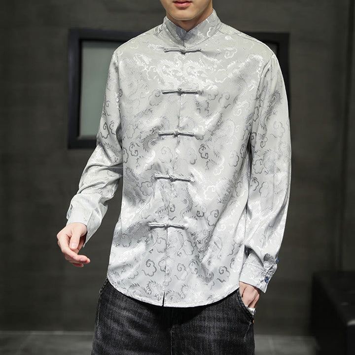 Buddha Stones Casual Dragon Pattern Żaba-guzik Tang Suit Lniana męska kurtka koszula - image 24