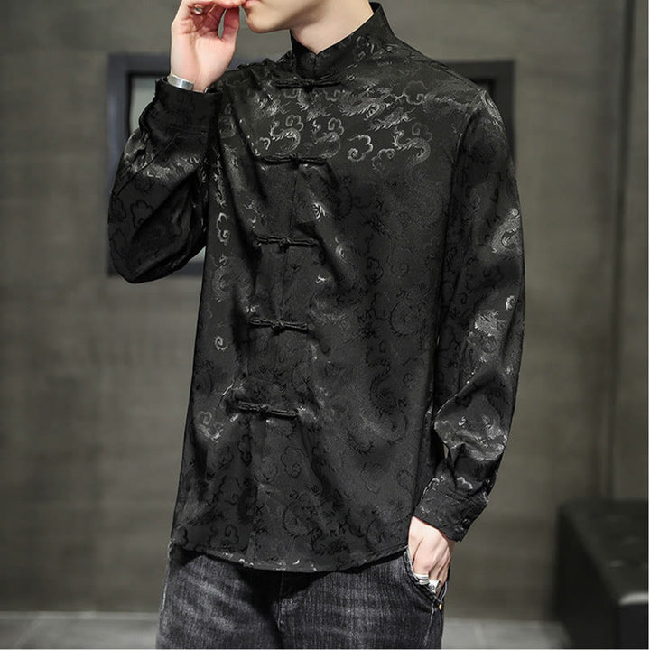 Buddha Stones Casual Dragon Pattern Żaba-guzik Tang Suit Lniana męska kurtka koszula - image 35