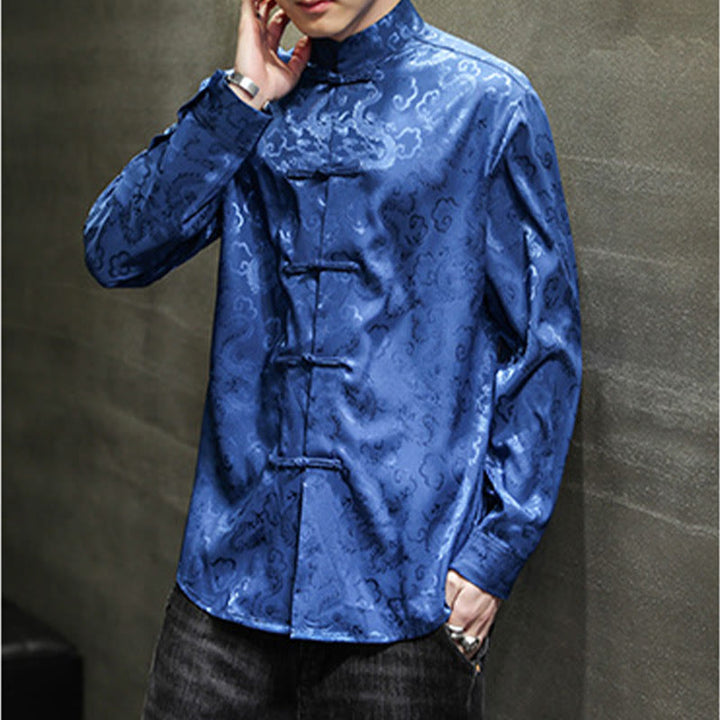 Buddha Stones Casual Dragon Pattern Żaba-guzik Tang Suit Lniana męska kurtka koszula - image 8