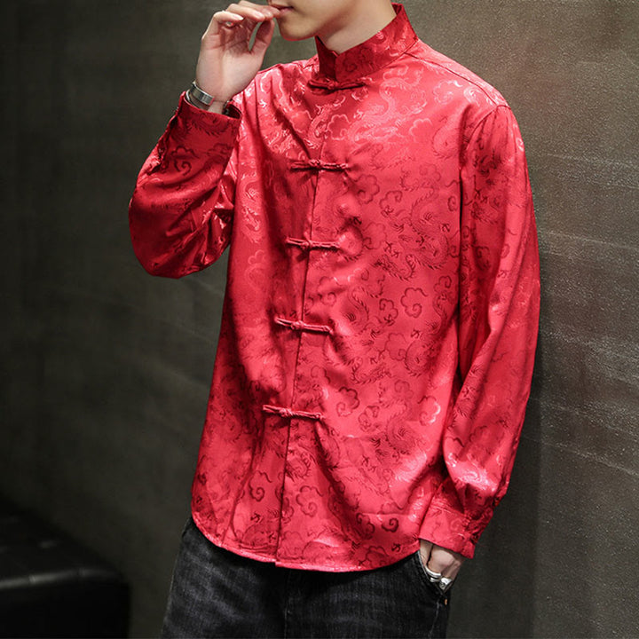 Buddha Stones Casual Dragon Pattern Żaba-guzik Tang Suit Lniana męska kurtka koszula - image 51