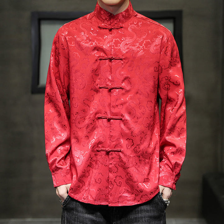 Buddha Stones Casual Dragon Pattern Żaba-guzik Tang Suit Lniana męska kurtka koszula - Czerwony - US/UK/AU46， EU56 (5XL) - image 47