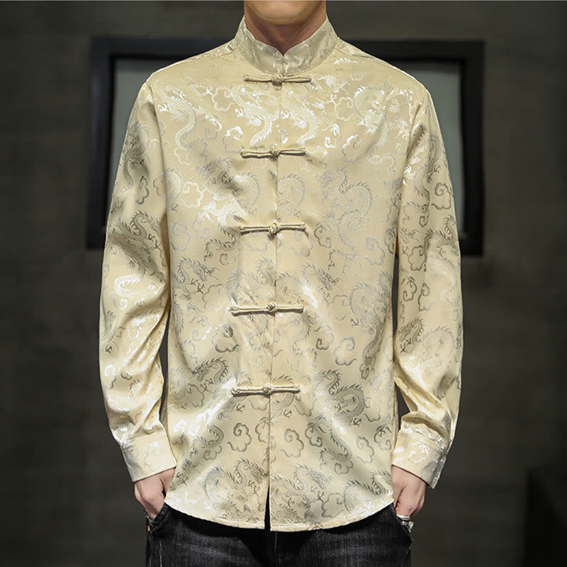 Buddha Stones Casual Dragon Pattern Żaba-guzik Tang Suit Lniana męska kurtka koszula - image 39