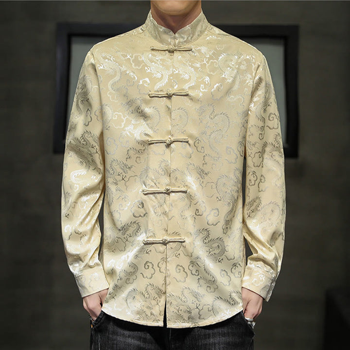 Buddha Stones Casual Dragon Pattern Żaba-guzik Tang Suit Lniana męska kurtka koszula - image 39