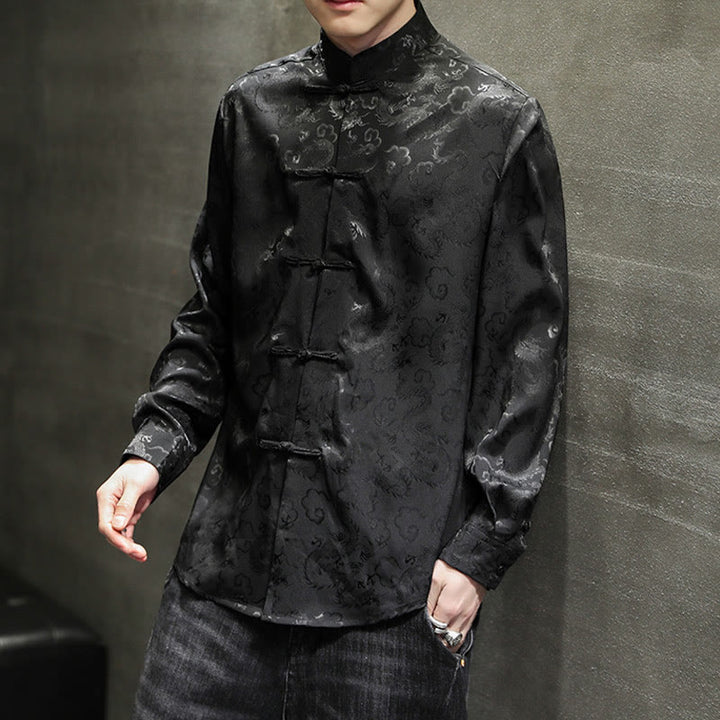 Buddha Stones Casual Dragon Pattern Żaba-guzik Tang Suit Lniana męska kurtka koszula - image 31