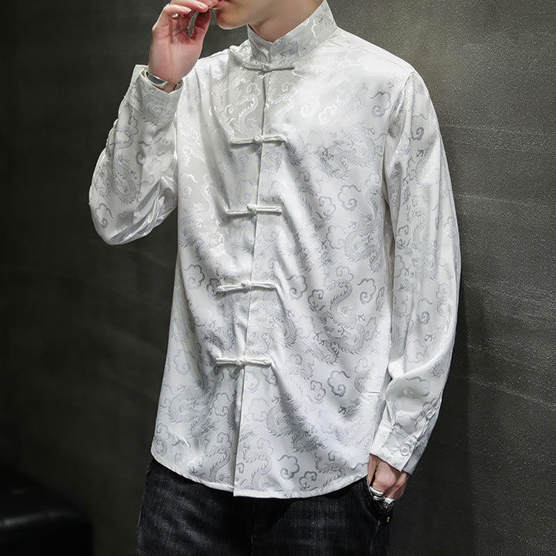 Buddha Stones Casual Dragon Pattern Żaba-guzik Tang Suit Lniana męska kurtka koszula - image 15
