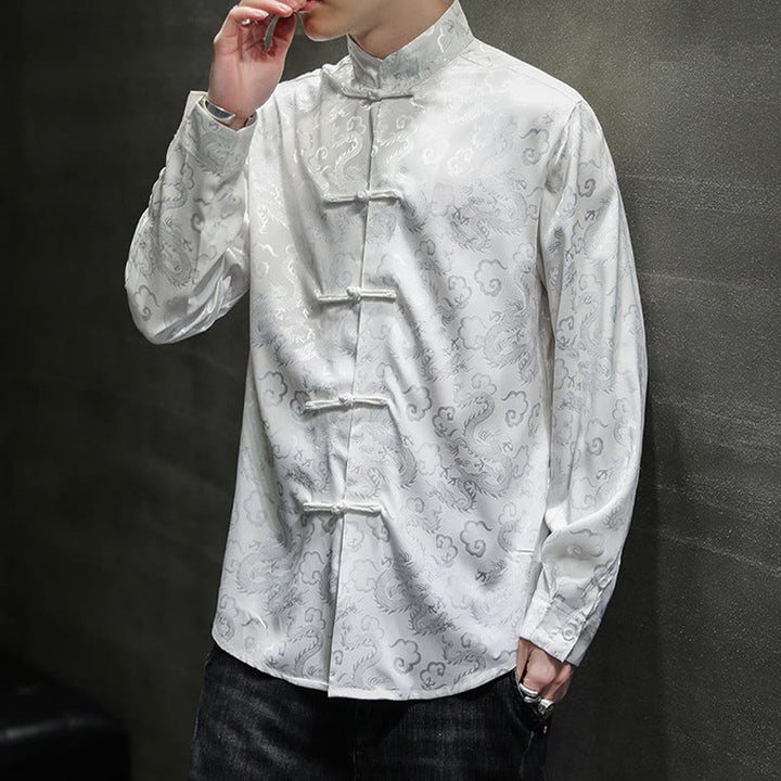 Buddha Stones Casual Dragon Pattern Żaba-guzik Tang Suit Lniana męska kurtka koszula - image 15