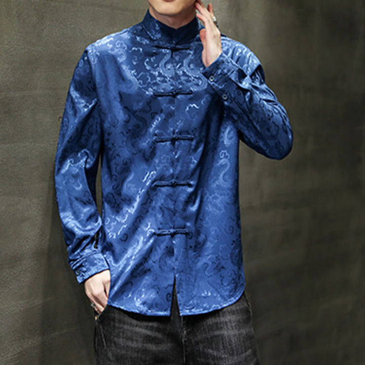 Buddha Stones Casual Dragon Pattern Żaba-guzik Tang Suit Lniana męska kurtka koszula - image 2